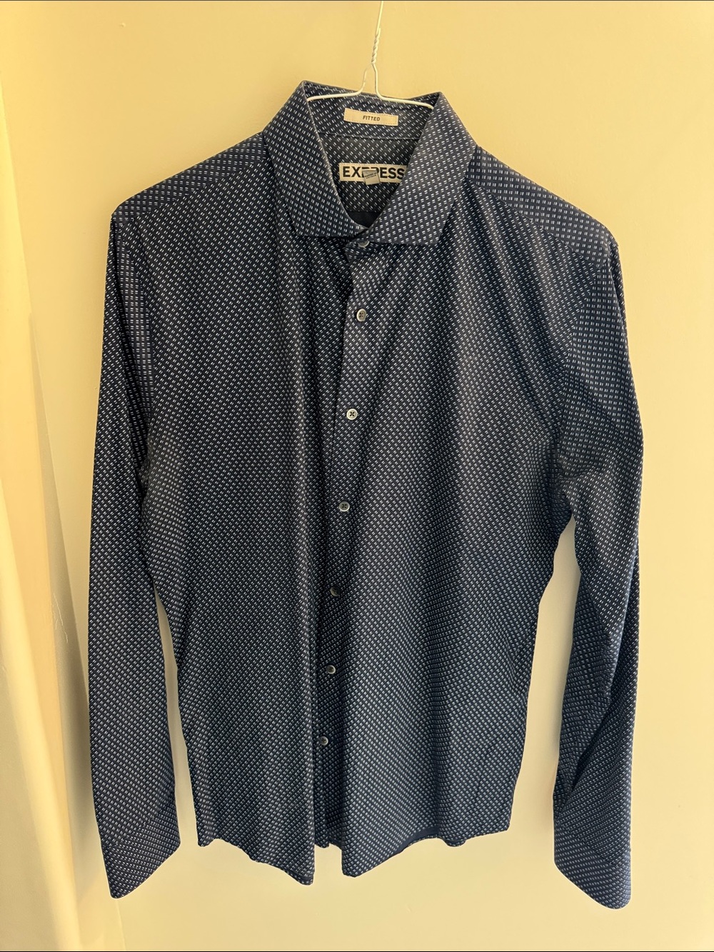 Express Men's Navy Micro-Print Long Sleeve Dress Shirt
